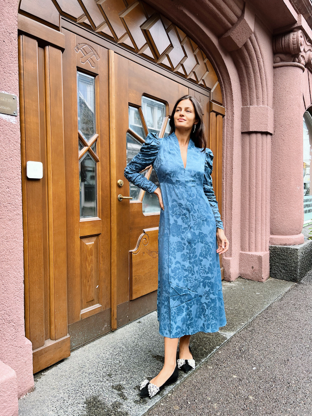 Jacquard V-Neck Dress - French Blue  - Image 5