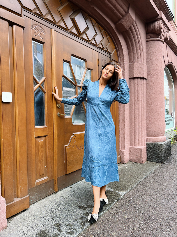 Jacquard V-Neck Dress - French Blue  - Image 6