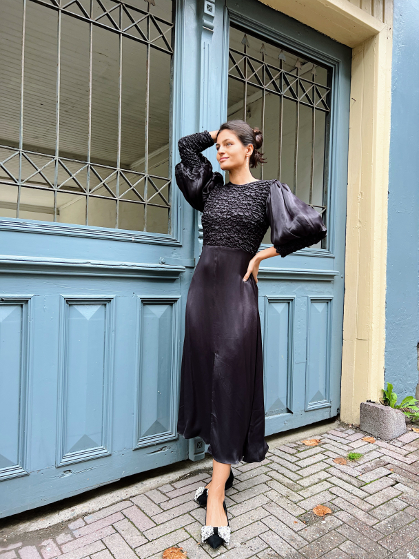 Crépe Satin Midi Dress - Black - Image 7