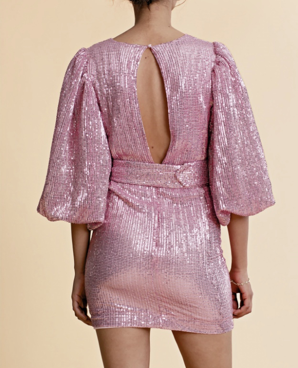 Sequins Puff Sleeve Mini - Pink  - Image 4