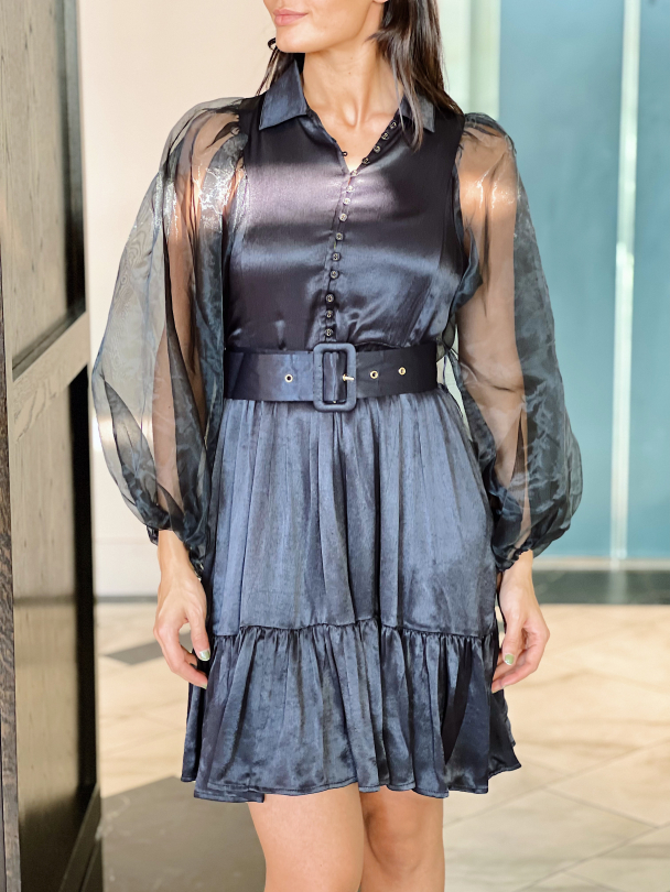 Crepe Satin Belt Dress - Black  - Image 1