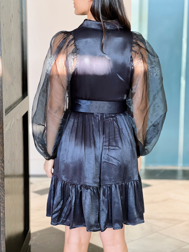 Crepe Satin Belt Dress - Black  - Image 3