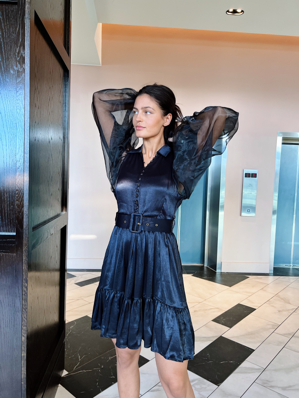 Crepe Satin Belt Dress - Black  - Image 5