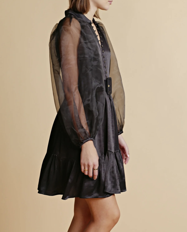 Crepe Satin Belt Dress - Black  - Image 7