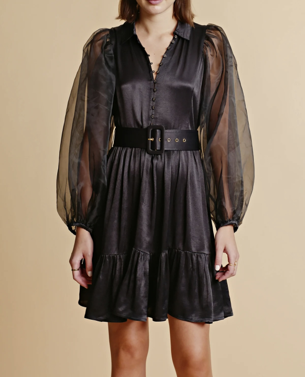 Crepe Satin Belt Dress - Black  - Image 8