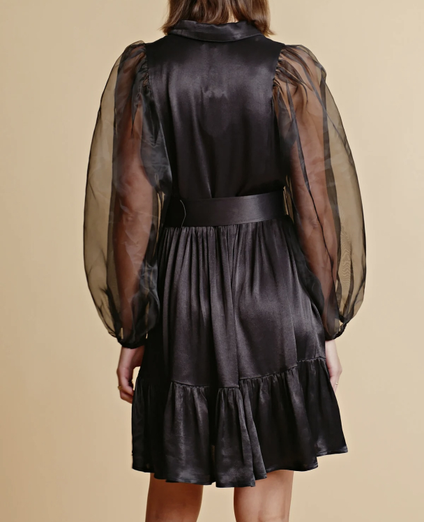 Crepe Satin Belt Dress - Black  - Image 9