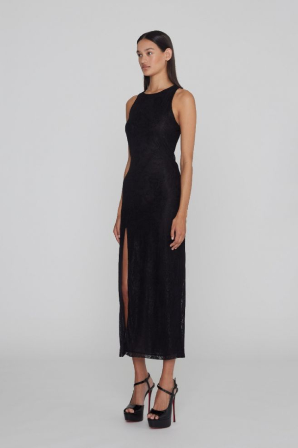 Mesh Lace Slit Dress - Black  - Image 3
