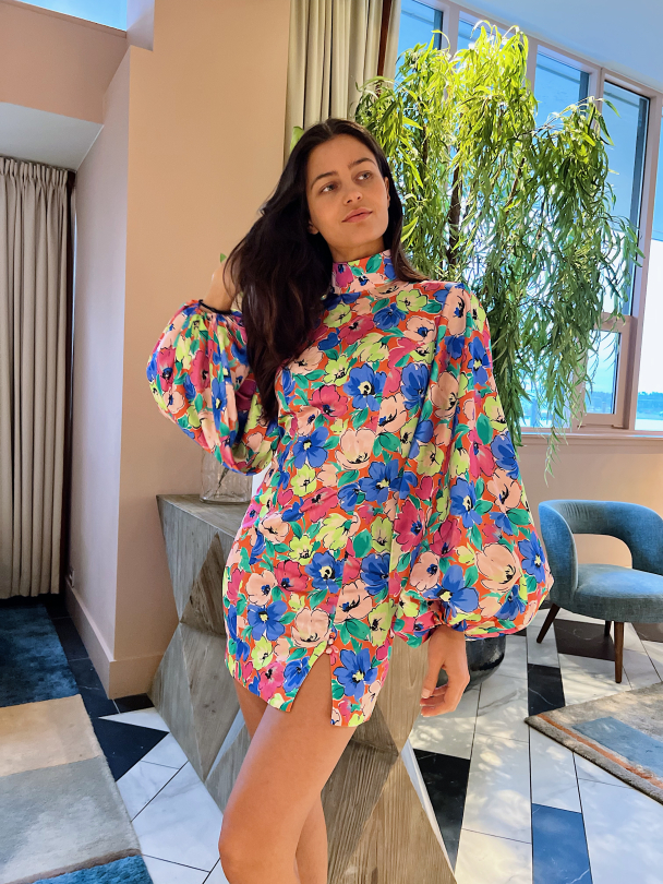 Silky Puff Sleeve Dress - Necatrine Comb - Image 2