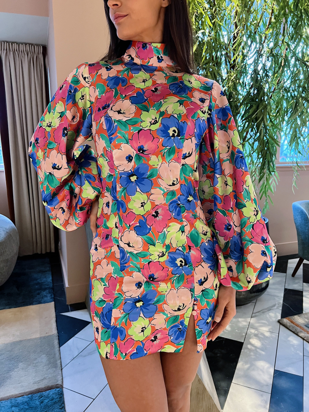 Silky Puff Sleeve Dress - Necatrine Comb - Image 1