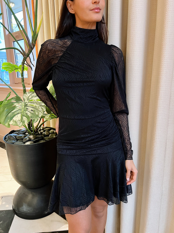 Stretch Lace Puff Sleeve Dress - Black  - Image 1