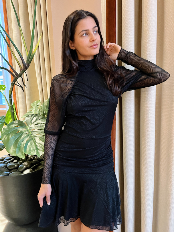 Stretch Lace Puff Sleeve Dress - Black  - Image 2