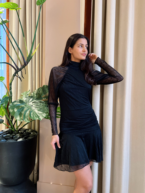 Stretch Lace Puff Sleeve Dress - Black  - Image 3