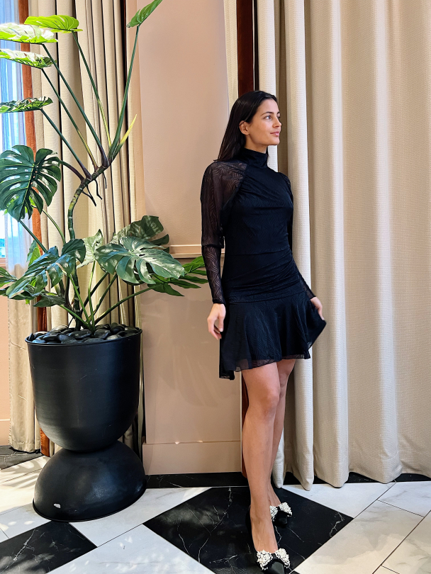 Stretch Lace Puff Sleeve Dress - Black  - Image 4