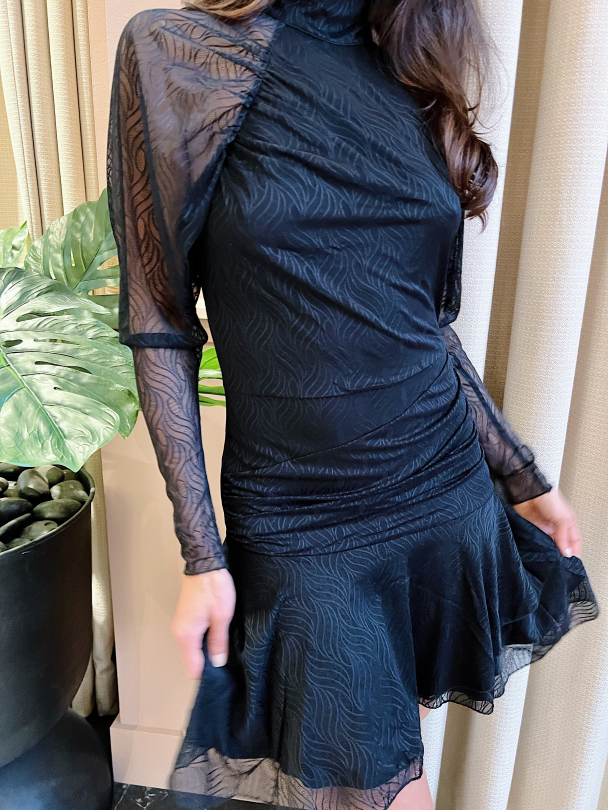 Stretch Lace Puff Sleeve Dress - Black  - Image 5
