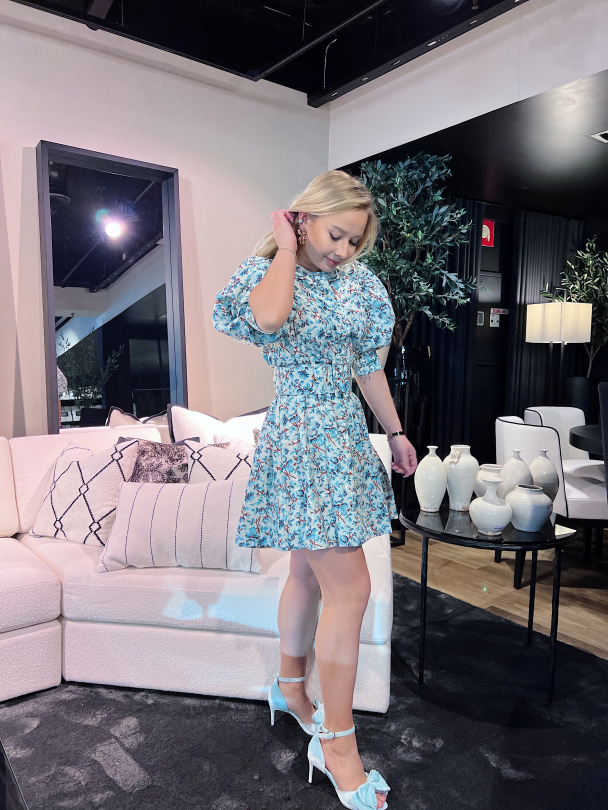 Cotton Jacquard Belted Mini Dress - Blue Roses - Image 2