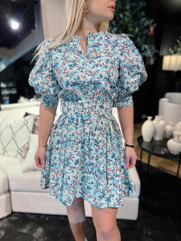 Cotton Jacquard Belted Mini Dress - Blue Roses - Image 1