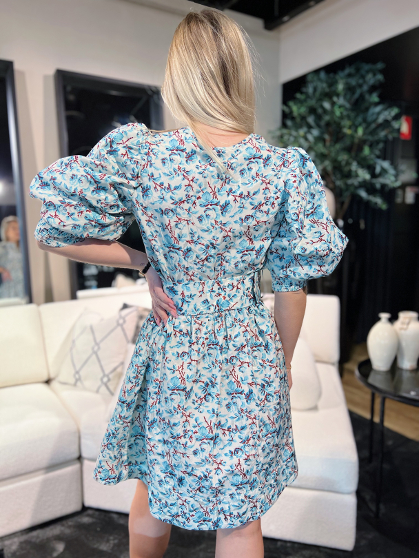 Cotton Jacquard Belted Mini Dress - Blue Roses - Image 5