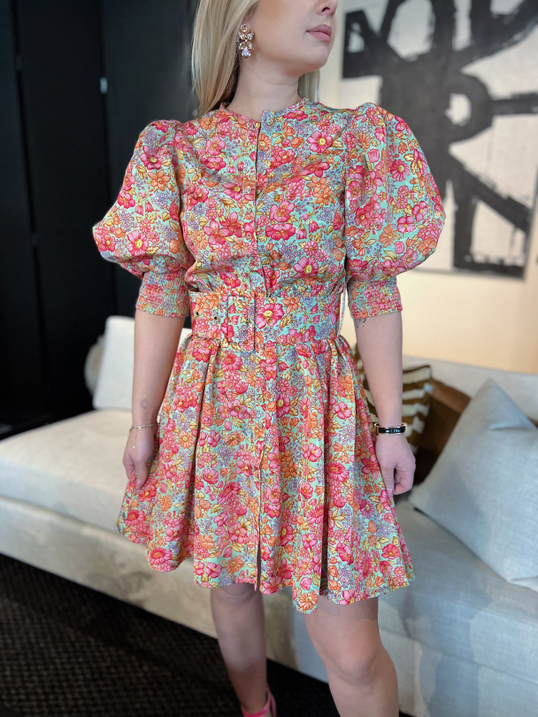 Cotton Jacquard Belted Mini Dress - Wildflowers   - Image 1