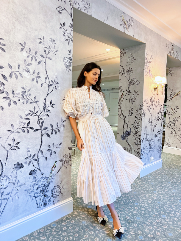 Cotton Slub Midi Dress - Beige Stripe  - Image 3