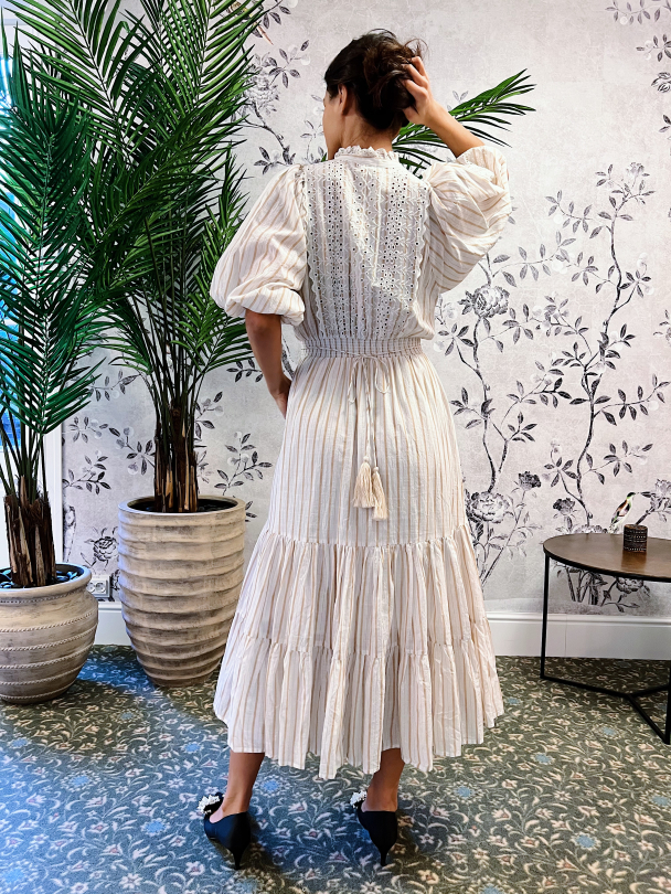 Cotton Slub Midi Dress - Beige Stripe  - Image 6