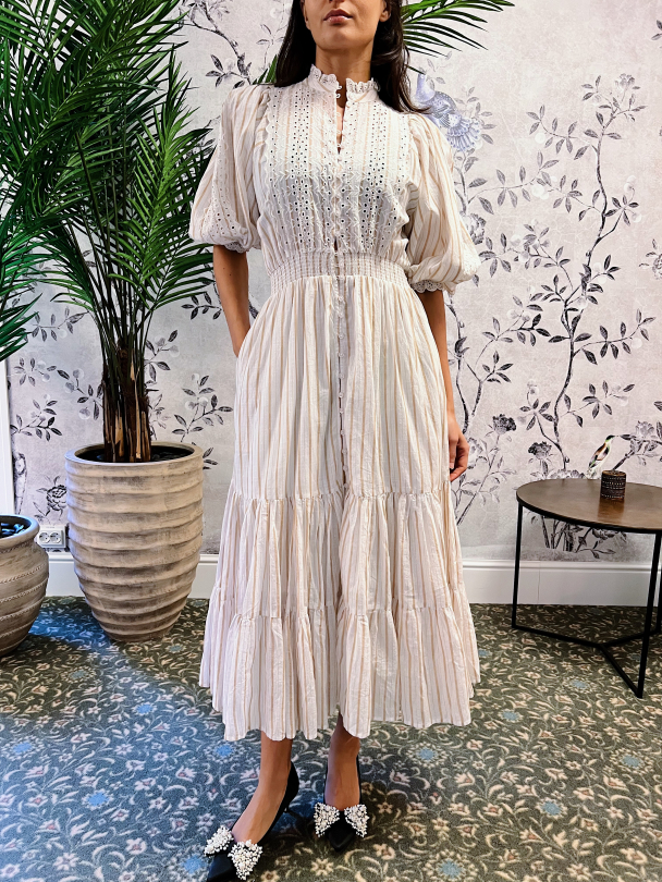 Cotton Slub Midi Dress - Beige Stripe  - Image 1