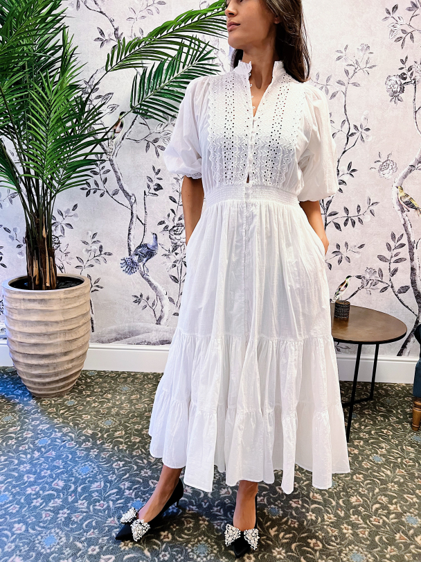 Cotton Slub Midi Dress - White  - Image 1