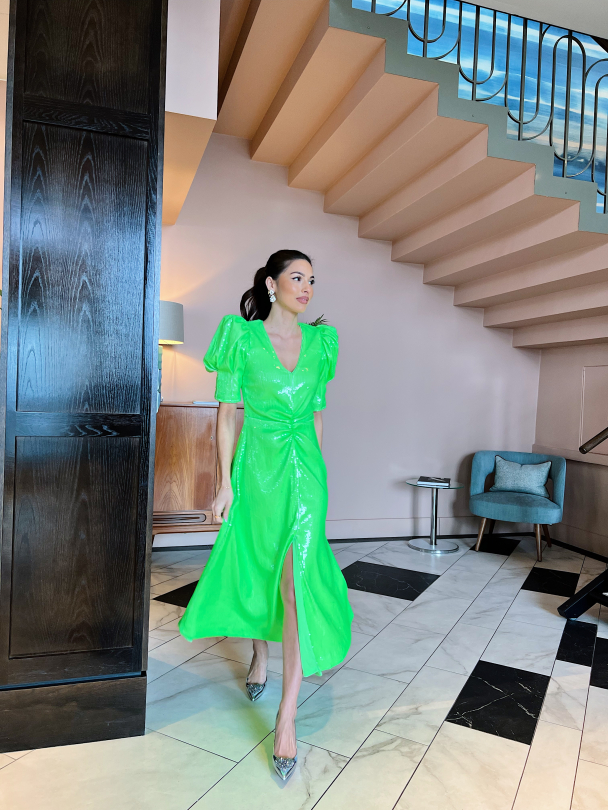 Sequins Maxi V-Neck Dress - Green Gecko - Image 3
