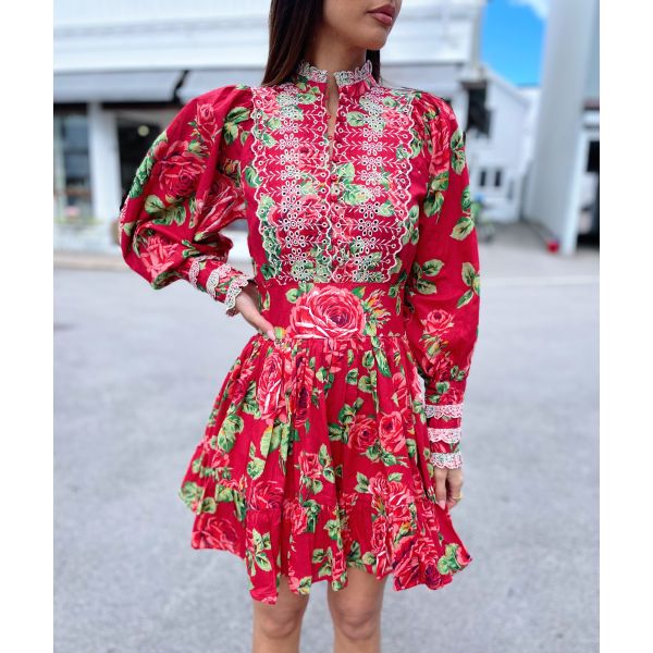Cotton Slub Mini Dress – Red Roses combo