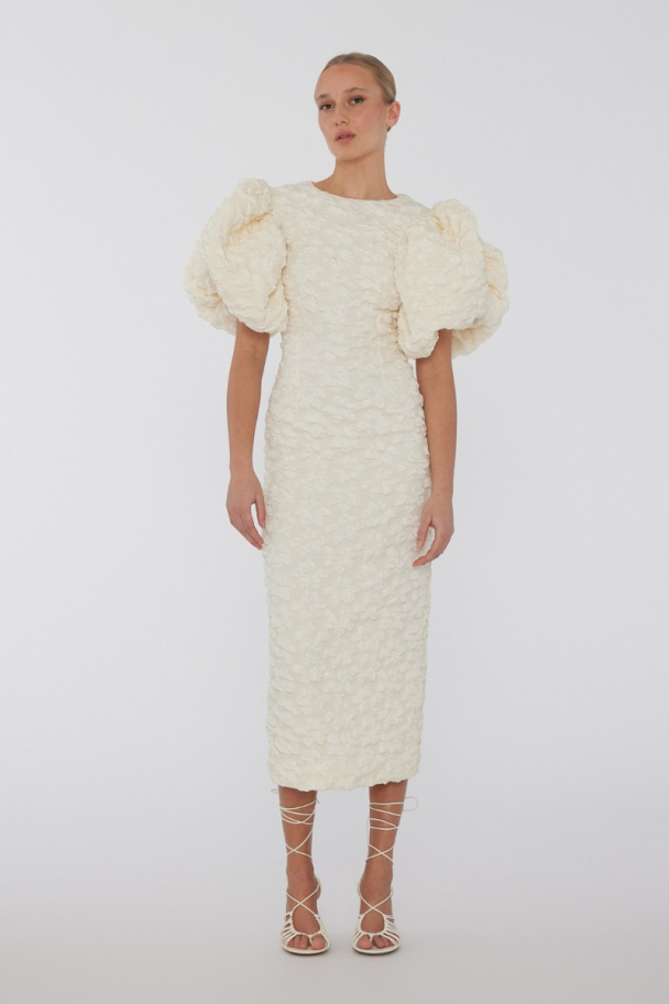 Jacquard midi puffy dress - Egret - Image 2