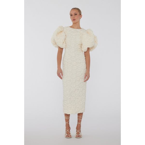Jacquard midi puffy dress - Egret