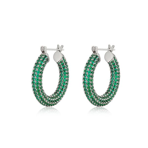 Pave Baby Amalfi Hoops - Green Emerald/Silver