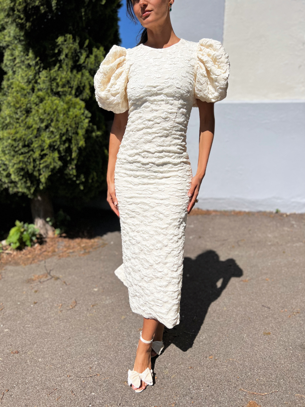 Jacquard midi puffy dress - Egret - Image 1