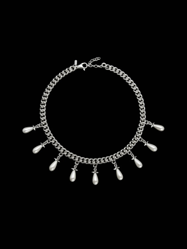 Chunky Chain Pearls Necklace - Silver & Pearls - Image 2