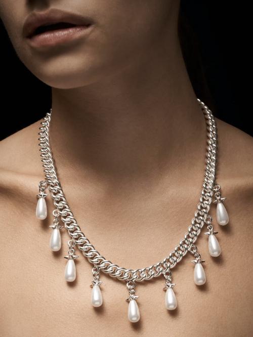 Chunky Chain Pearls Necklace - Silver & Pearls