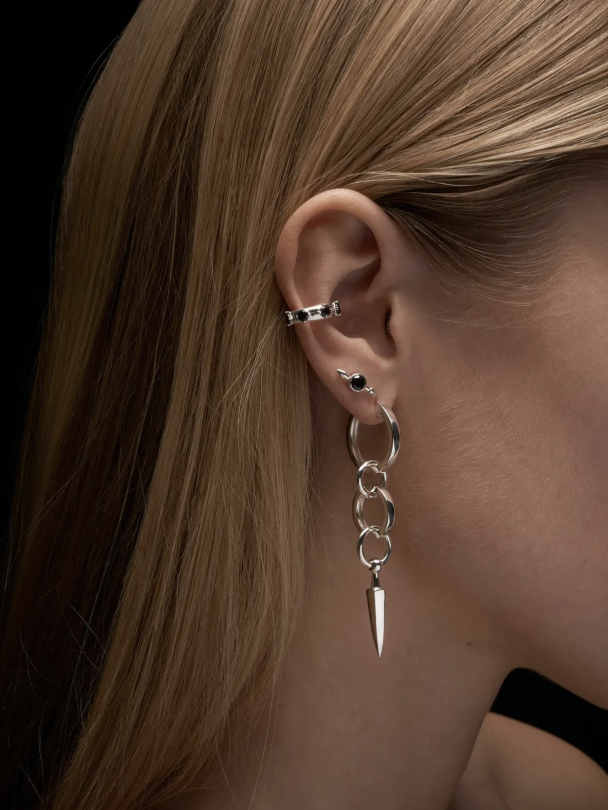 Pierced Stone Earring - Silver - Black Spinel - Image 2