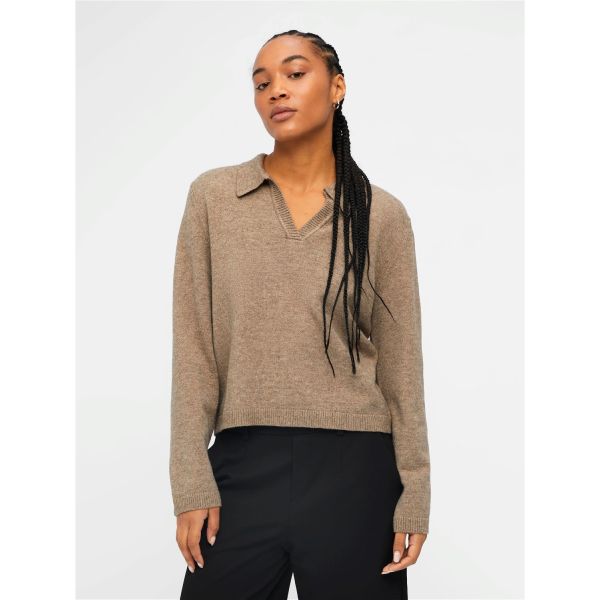 OBJTHESS fossil mel V-NECK KNIT POLO