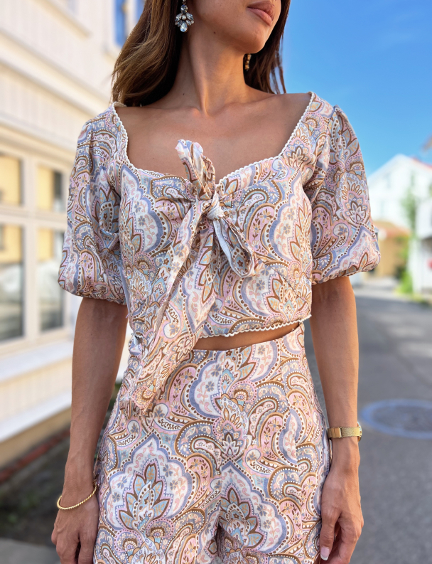 Elsa Puff Sleeve Tie Front Crop Top - Ornamenta L Floral - Image 1