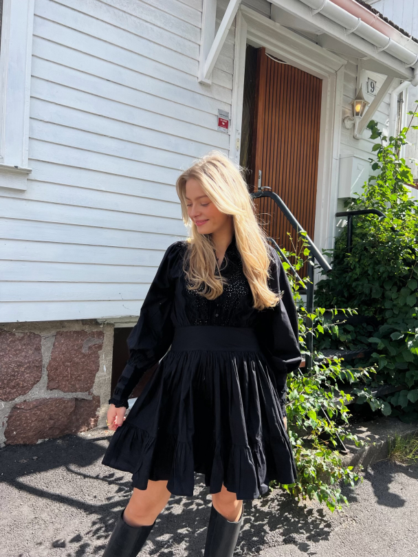 Décorated Poplin Mini Dress -Black - Image 2