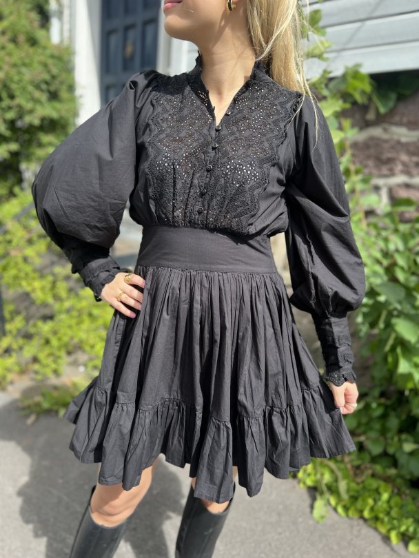Décorated Poplin Mini Dress -Black - Image 4