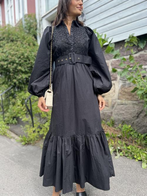 Décorated Poplin Midi Shirt Dress - Black