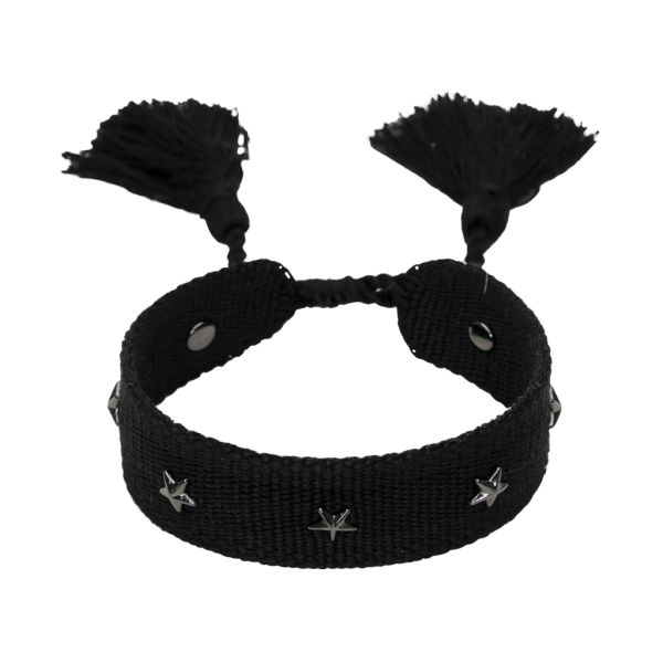 Woven Friendship Bracelet w/Star Studs - All Black