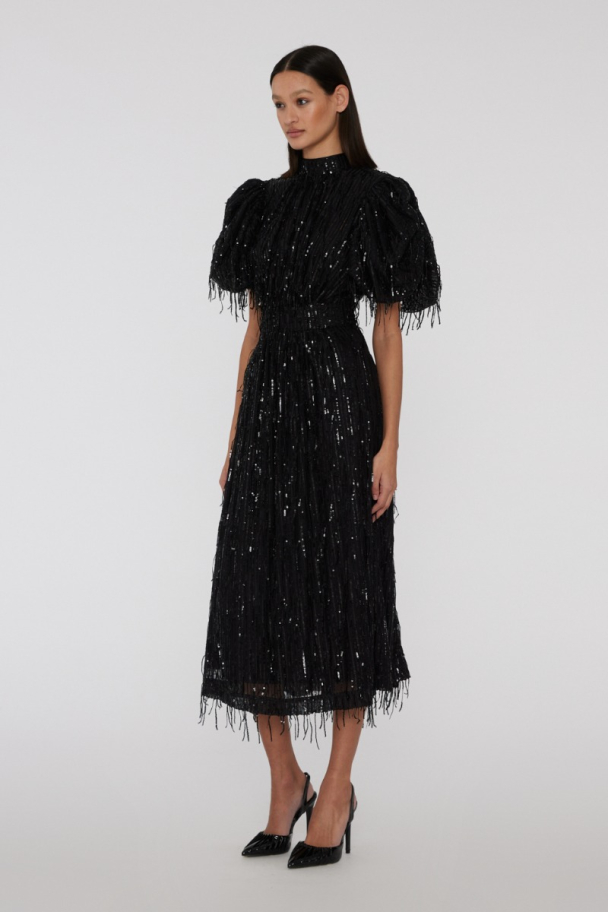 Sequins Midi Puff Dress - Black  - Image 4