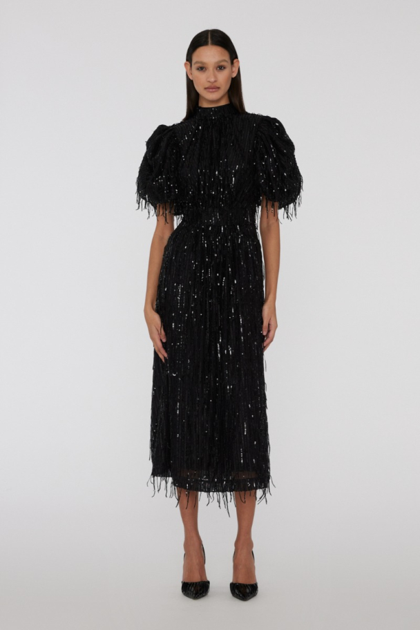 Sequins Midi Puff Dress - Black  - Image 6