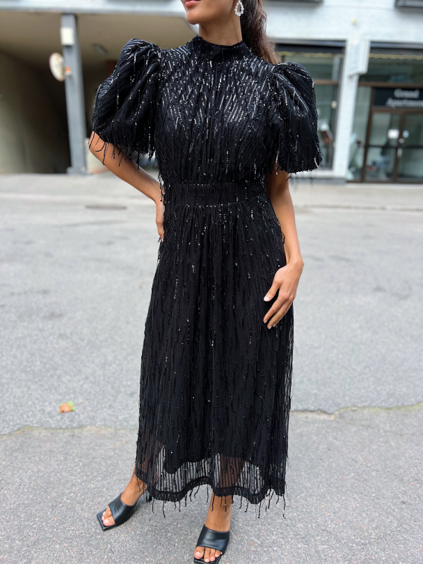 Sequins Midi Puff Dress - Black  - Image 1