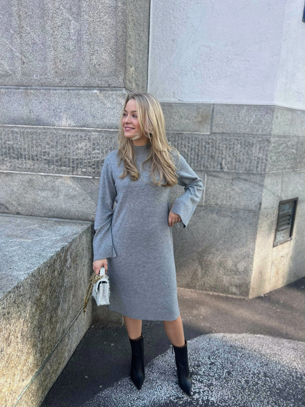 Emilie High Neck Knit Dress - Light Grey Melange - Image 4