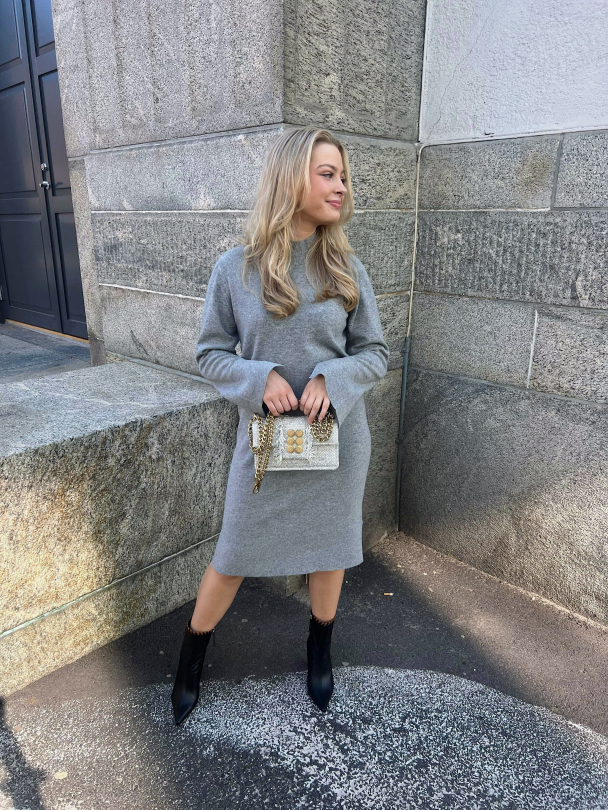 Emilie High Neck Knit Dress - Light Grey Melange - Image 5