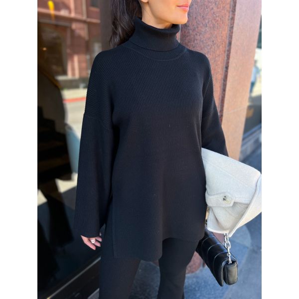 Karo Long Knit Roll Neck - Black