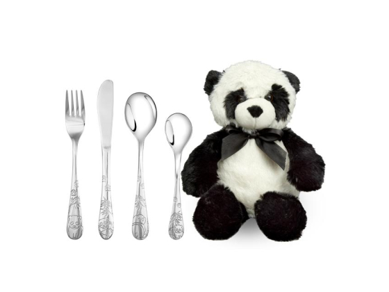 Rustfrit stål bestikk m. panda inkl. bamse