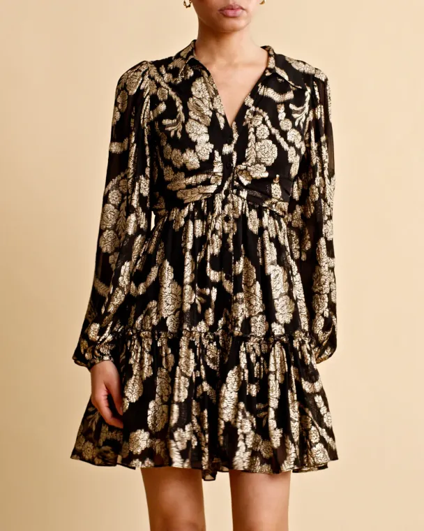 Brocade Georgette Shirt Dress - Black  - Image 3