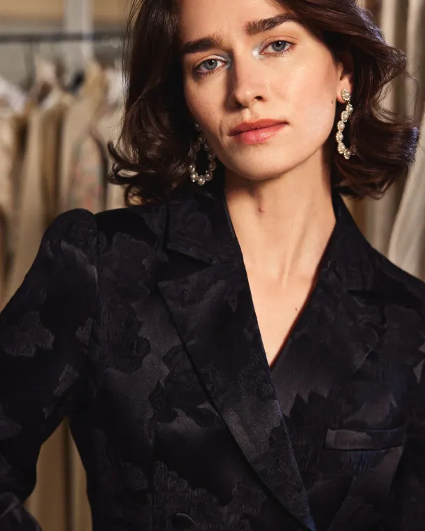 Silk Jacquard Blazer Dress - Black  - Image 3